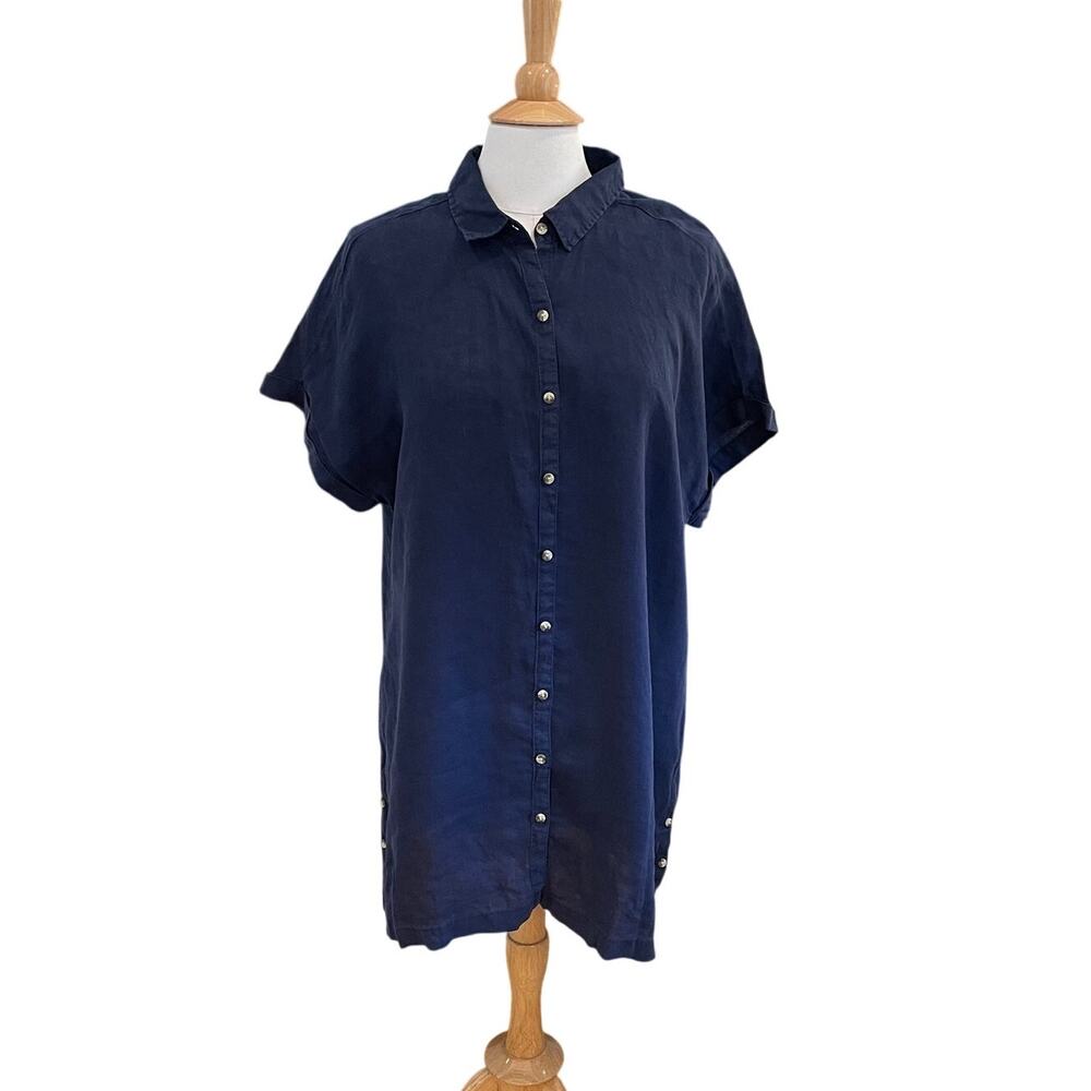 Nicole Miller Navy Blue Linen Short Sleeve Shirt Dress, Minimalist, Resort, XL